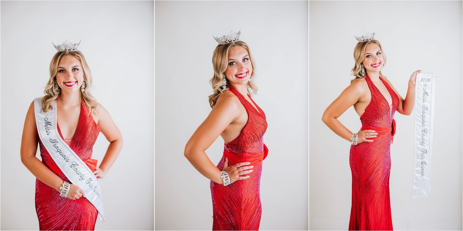 Woman in red gown wearing pageant sash and crown poses in three elegant portrait shots.