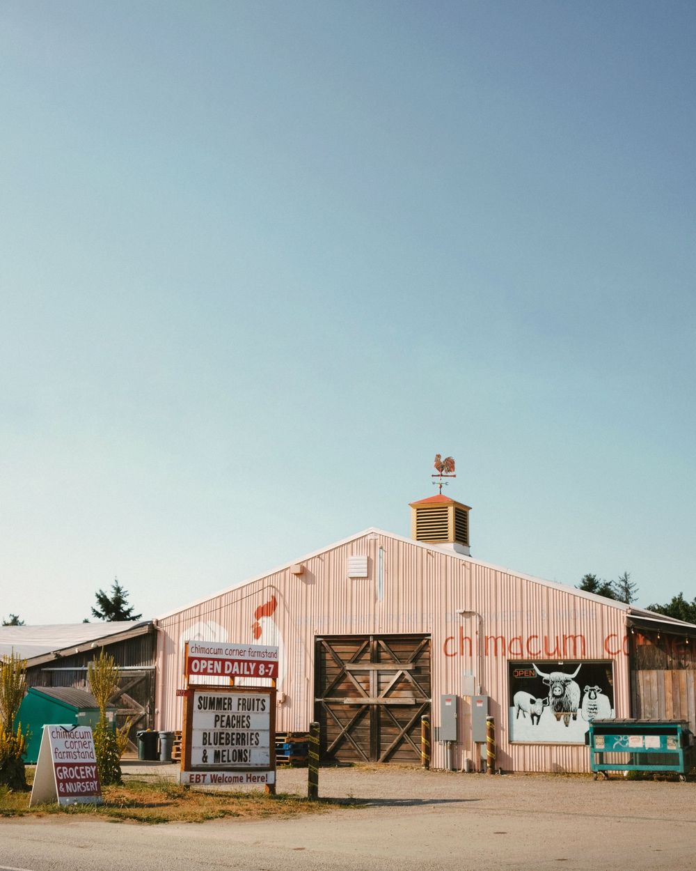Pink beachside shack under a clear blue sky, travel photography