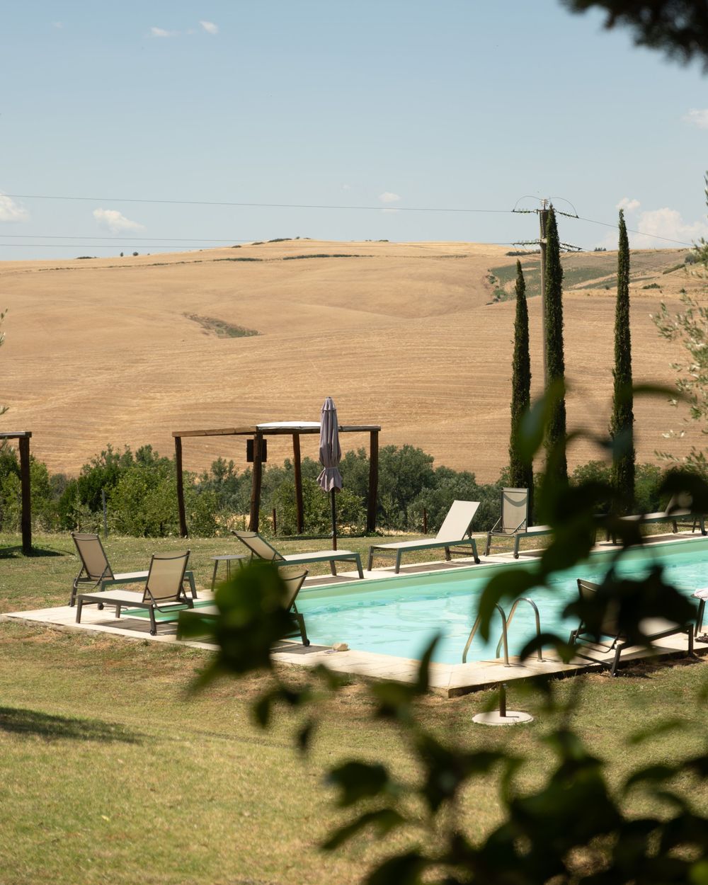 Villa pool surrounded by golden Tuscan fields and cypress trees