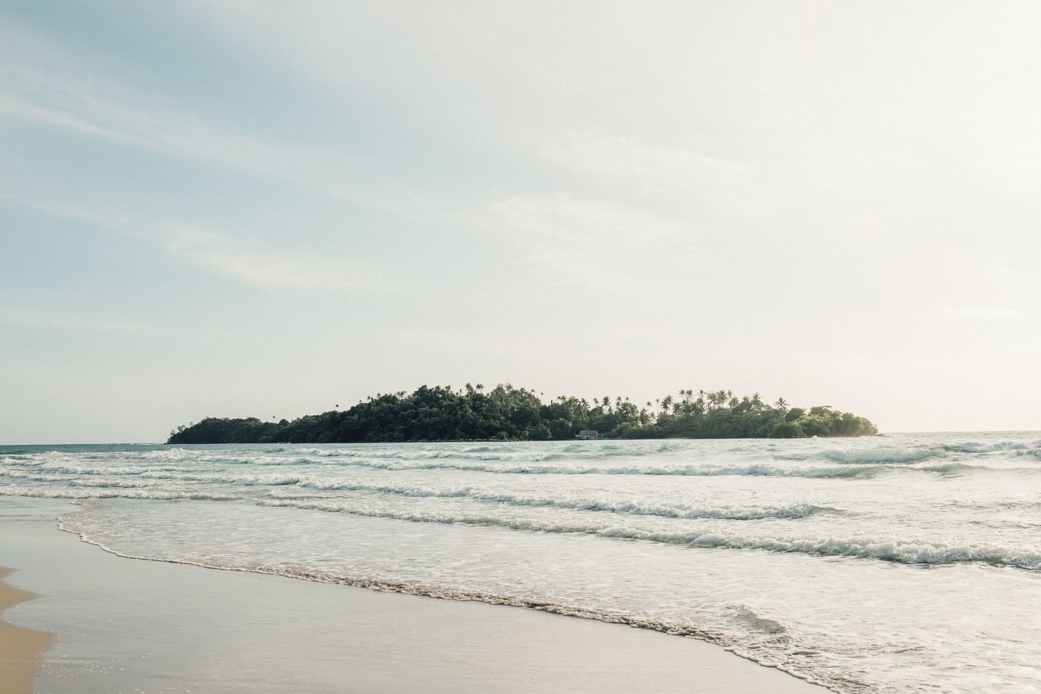 Tropical island covered in palm trees surrounded by turquoise ocean waves with a sandy beach in the foreground.