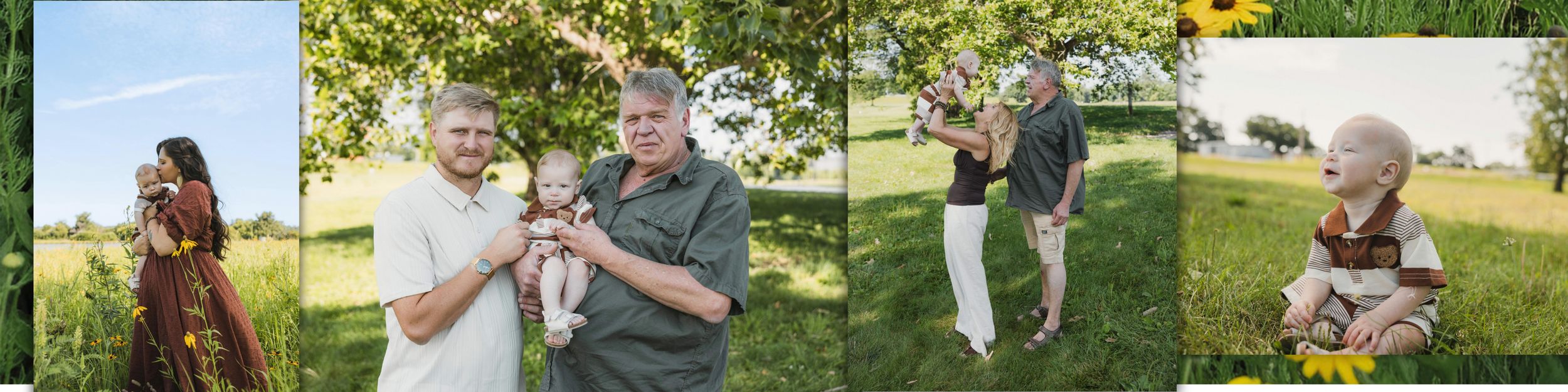 Family portrait session in a sunny green field with grandparents holding a baby, smiling outdoors on a warm summer day.