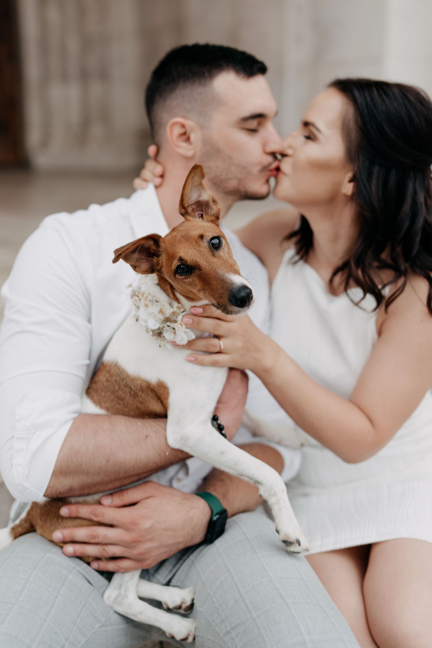 A couple sharing a kiss while holding their brown and white dog wearing a floral collar during an engagement photo session.