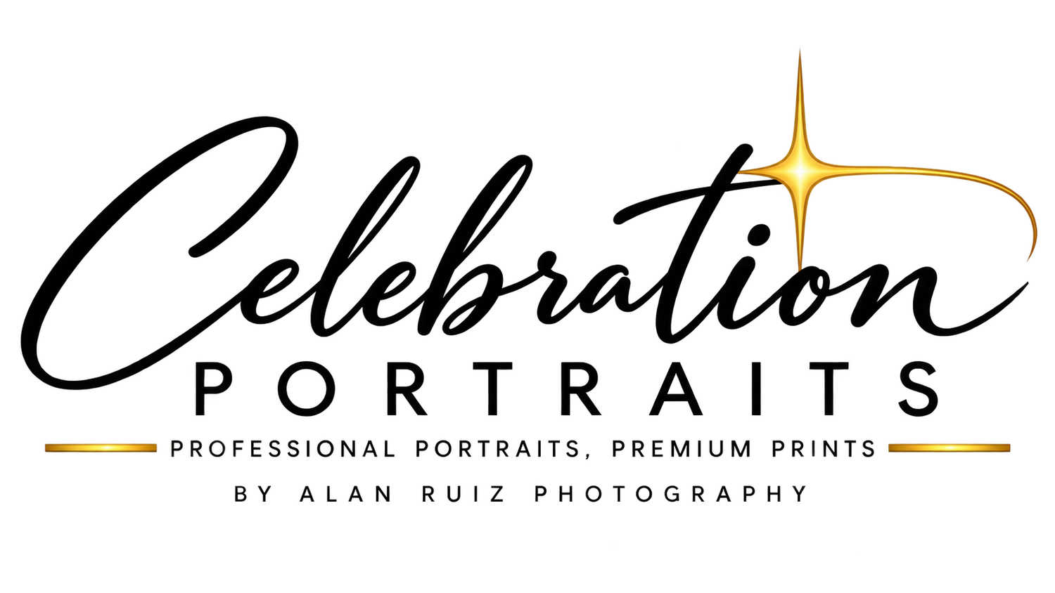 Celebration Portraits logo by Alan Ruiz Photography, offering professional portraits and premium prints with elegant gold accent design.