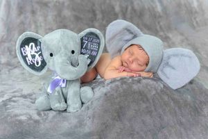 Sleeping newborn in elephant hat posed beside a personalized gray elephant stuffed animal.