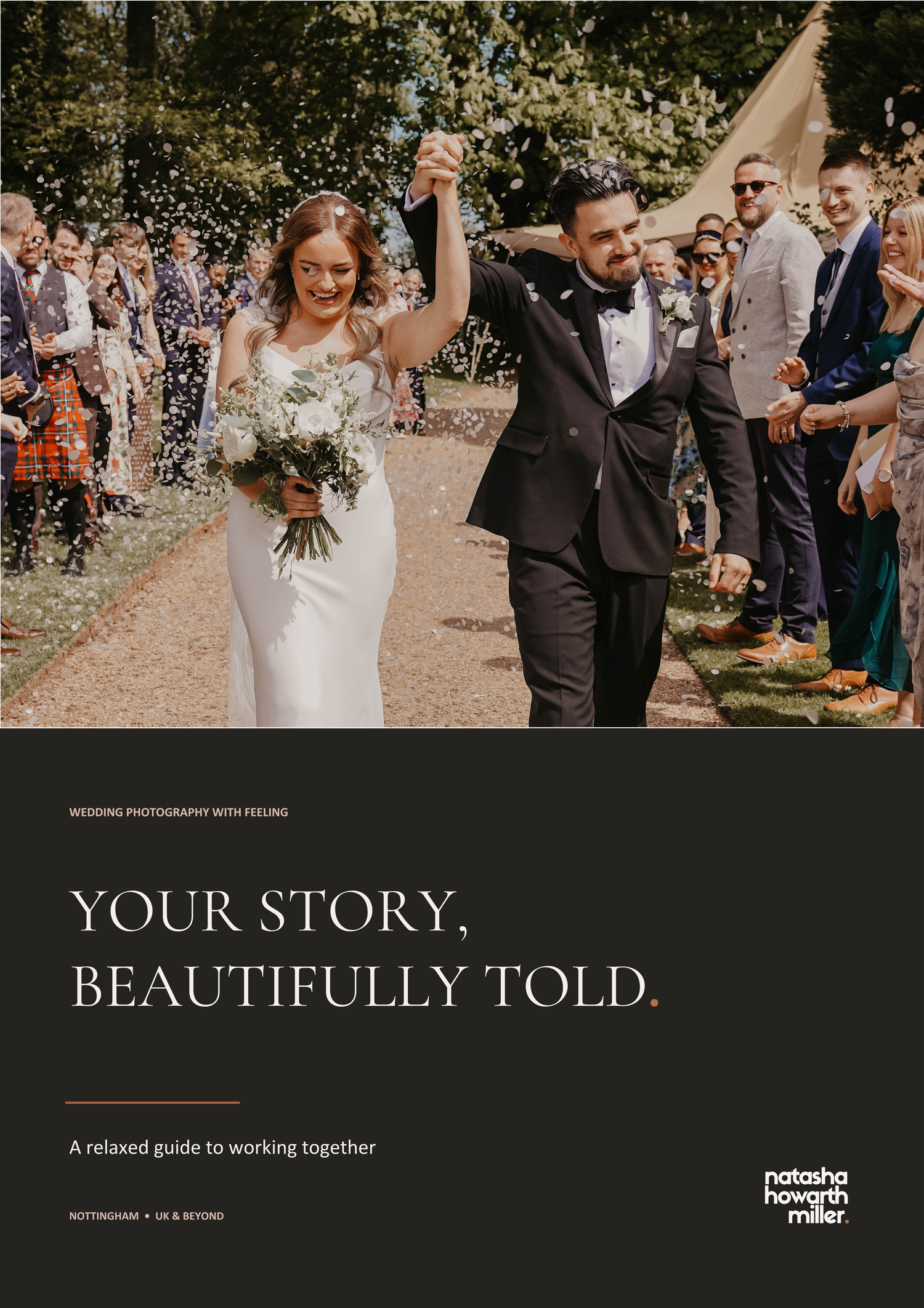 Wedding photography guide cover showing bride and groom walking through confetti with guests cheering.