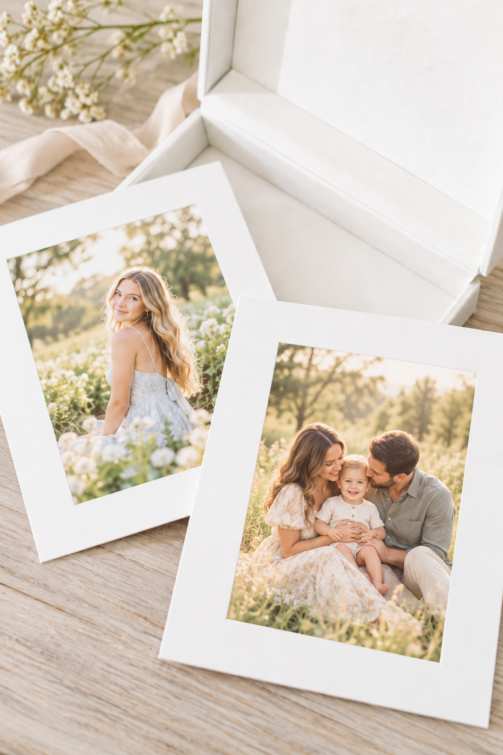 White matted wedding photo prints and open white box on a wood table, showing a bride in a blue gown and a couple embracing outdoors.