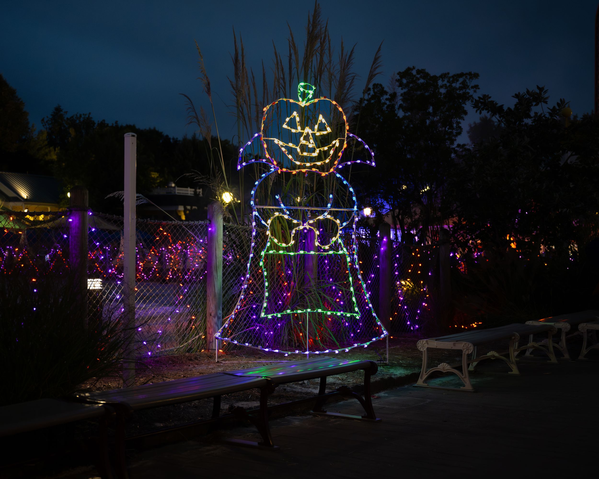 Halloween light display featuring a jack-o-lantern figure made of colorful LED lights at night.