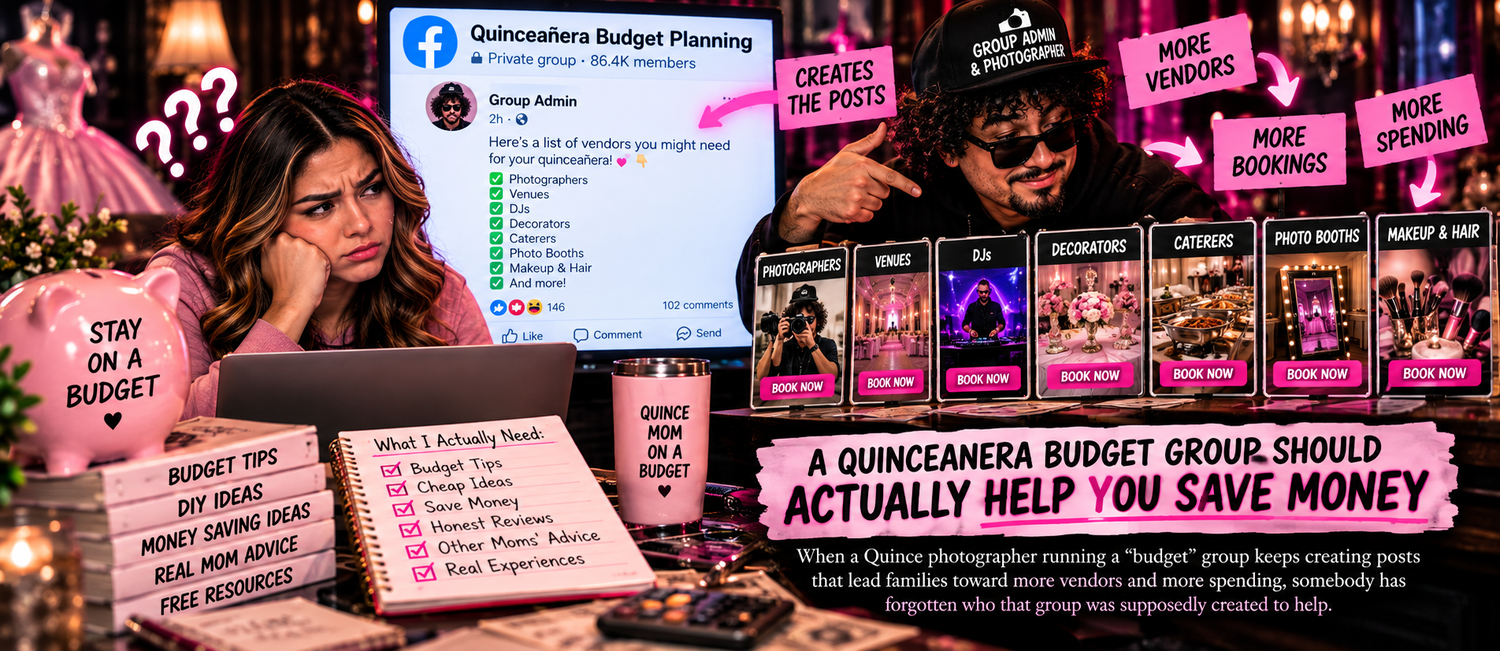 Quince budget Facebook group turned into a sales funnel with sponsored posts, paid banners and preferred vendor listings for local famiLIES