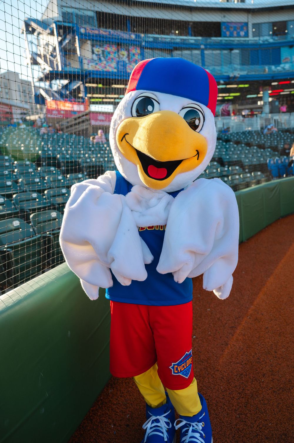 A smiling baseball mascot with a yellow beak, blue cap, and red shorts stands on the warning track in front of stadium seating.