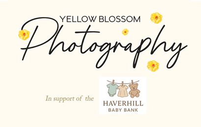 Haverhill Baby Bank logo with a green onesie, peach dress and teddy bear hanging on a clothesline above the organization name.
