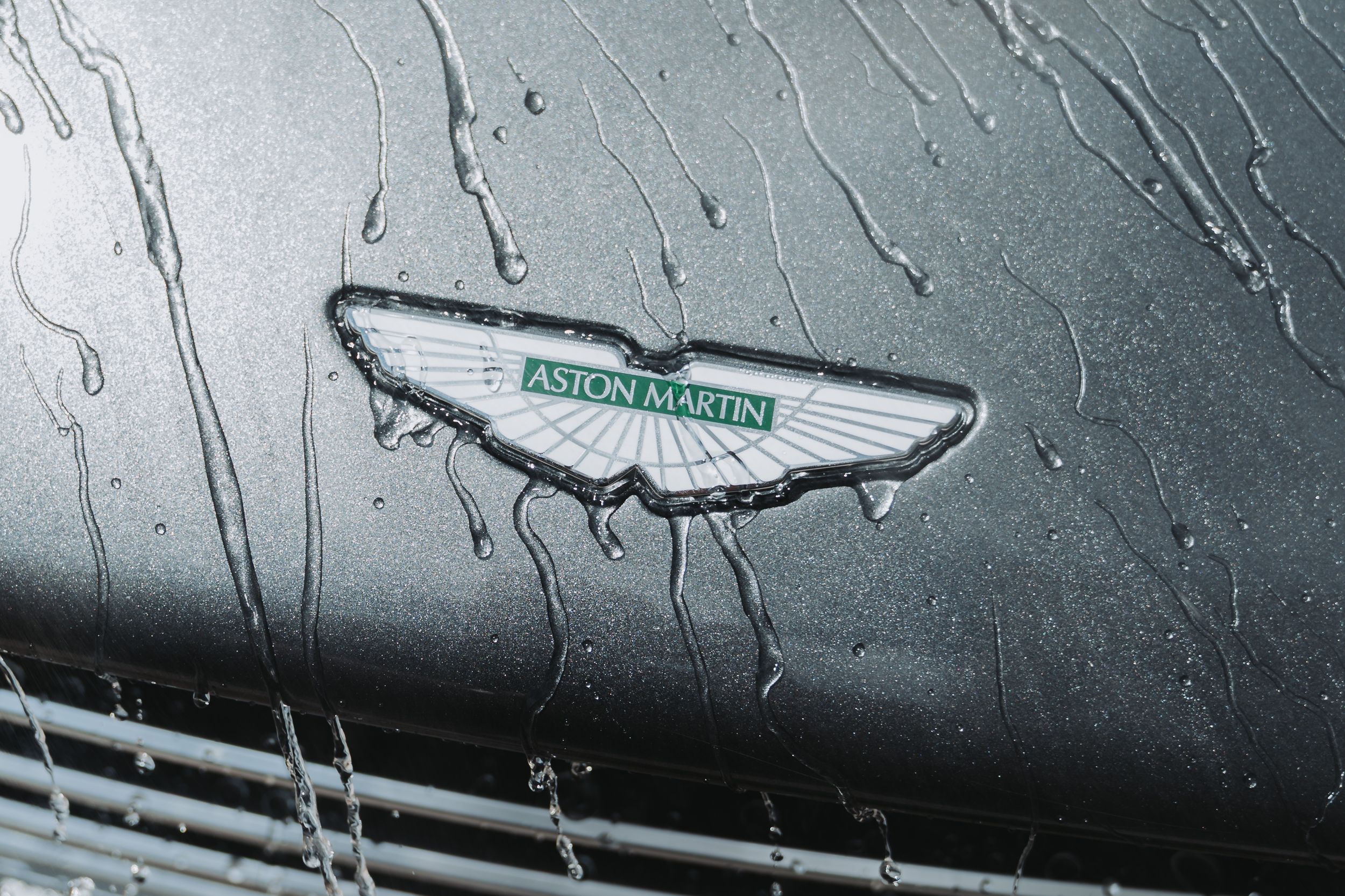 Rain-soaked Aston Martin logo badge on a wet dark car hood, showcasing the iconic winged emblem in silver and green.