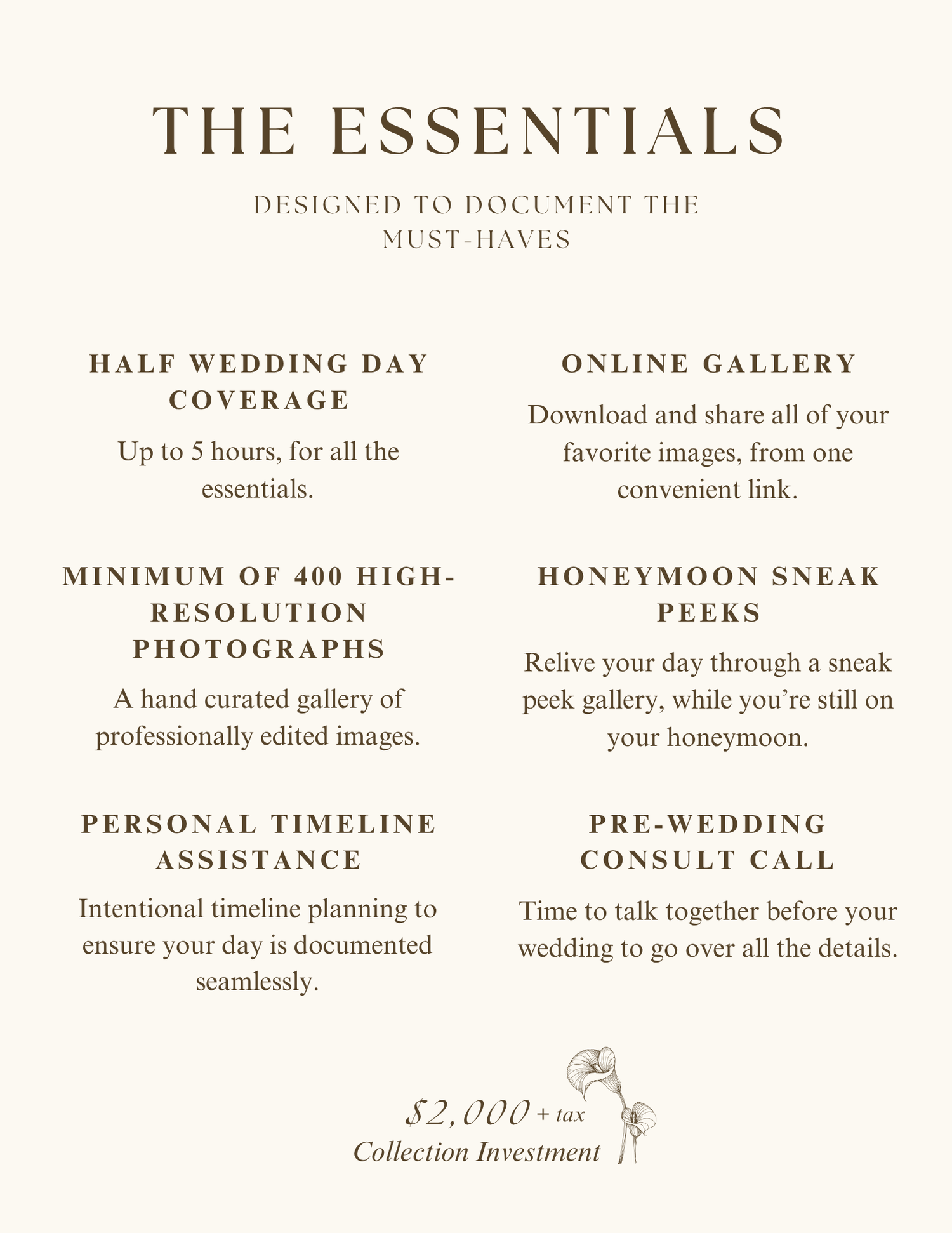 Wedding photography essentials package flyer offering half-day coverage, 400+ photos, timeline help, and online gallery for $2,000+.