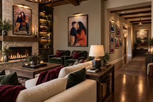 Elegant living room with fireplace, built-in shelves, family portraits, velvet sofas, and warm wood floors.