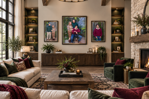 Elegant living room with built-in shelves, family portraits, stone fireplace, velvet furniture, and a rustic wood coffee table.