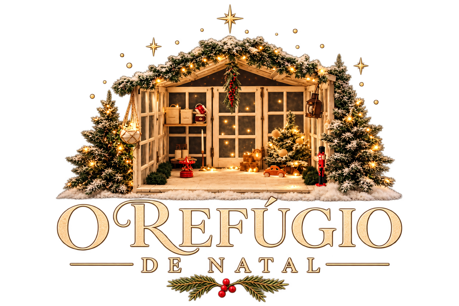 Festive Christmas lodge with decorated trees, lights, and golden text reading O Refúgio de Natal.