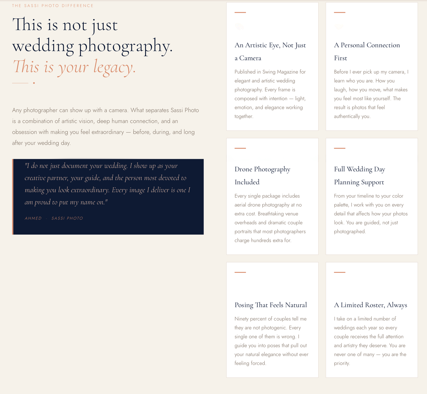 Wedding photography studio website showcasing elegant serif typography, client testimonials, and service packages on a cream background.