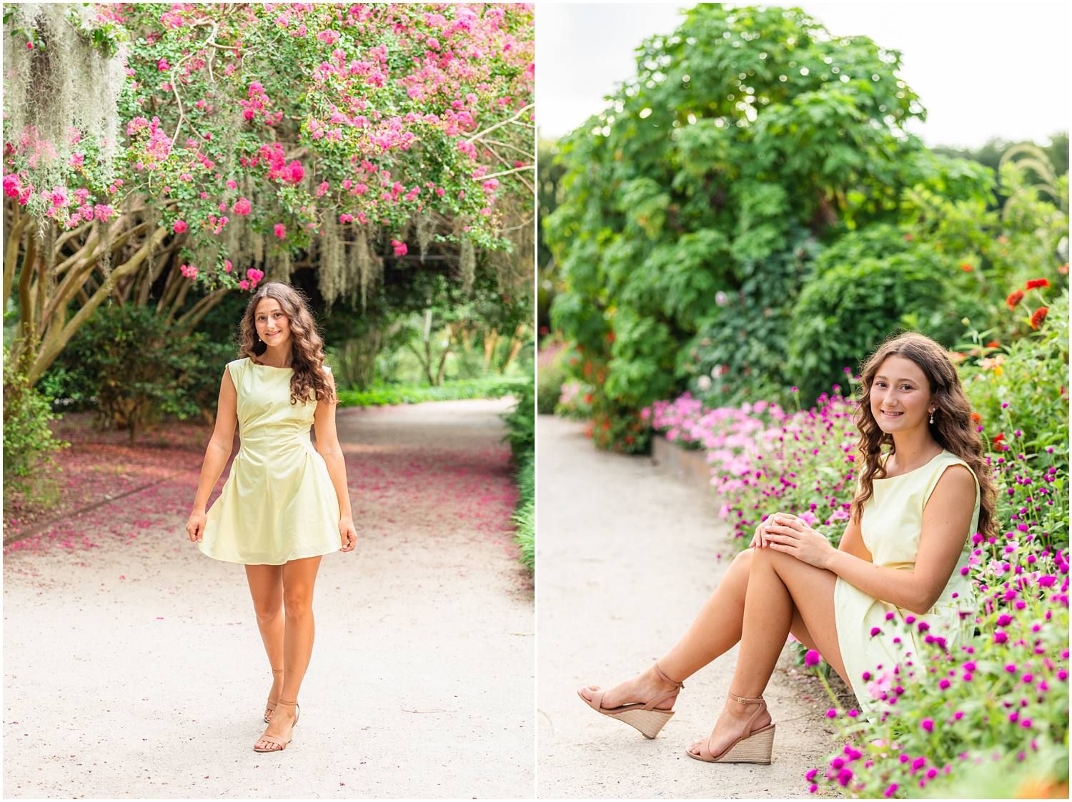 Young woman in yellow dress poses among pink flowers and lush greenery in a beautiful garden setting.