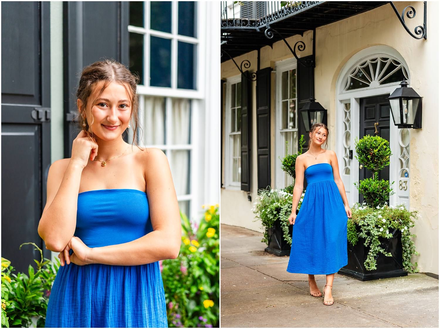 Young woman in a blue strapless midi dress posing outdoors near black shutters and lush greenery.