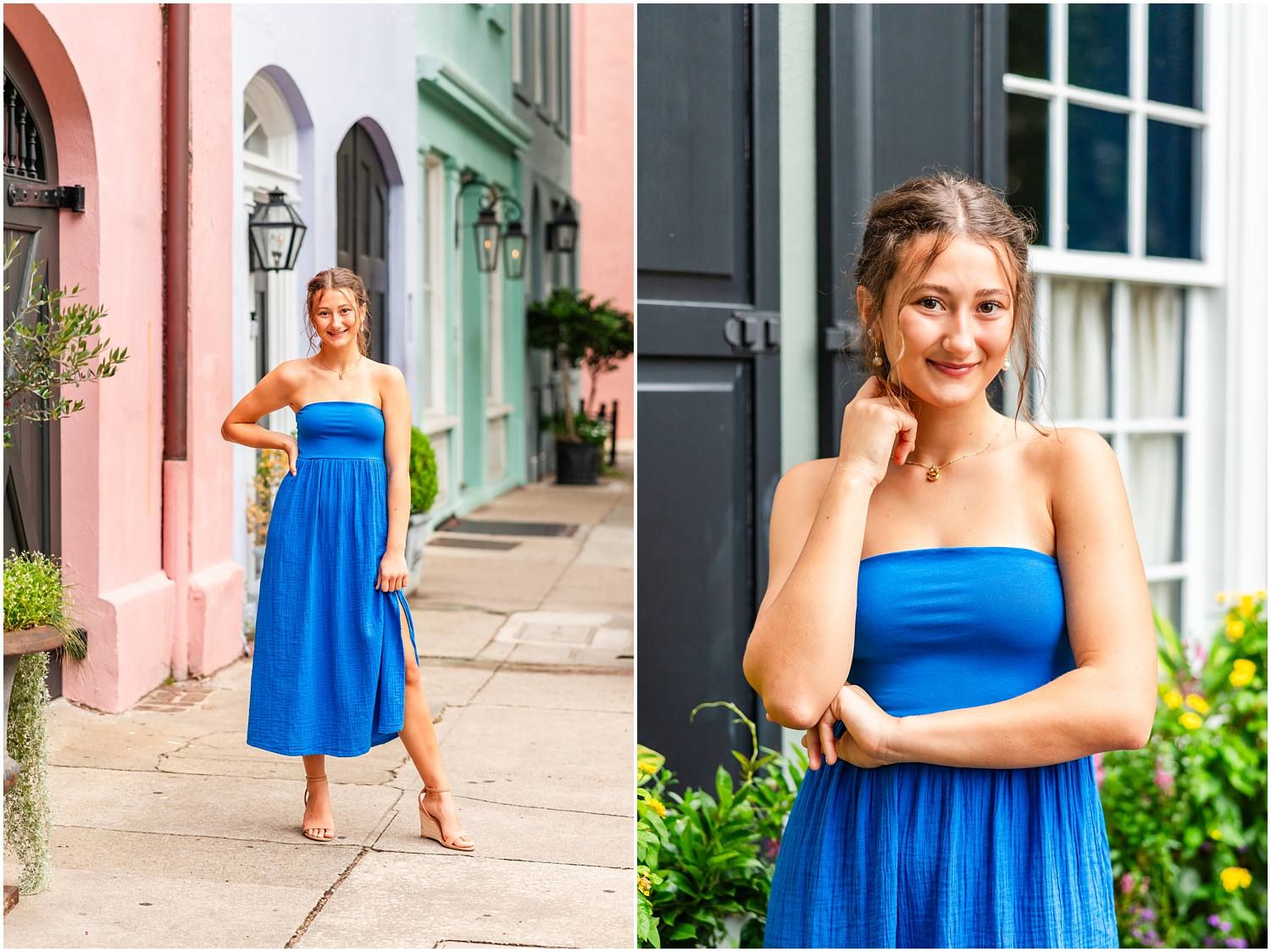 Woman in blue strapless midi dress poses on colorful Charleston street and near dark shuttered window.