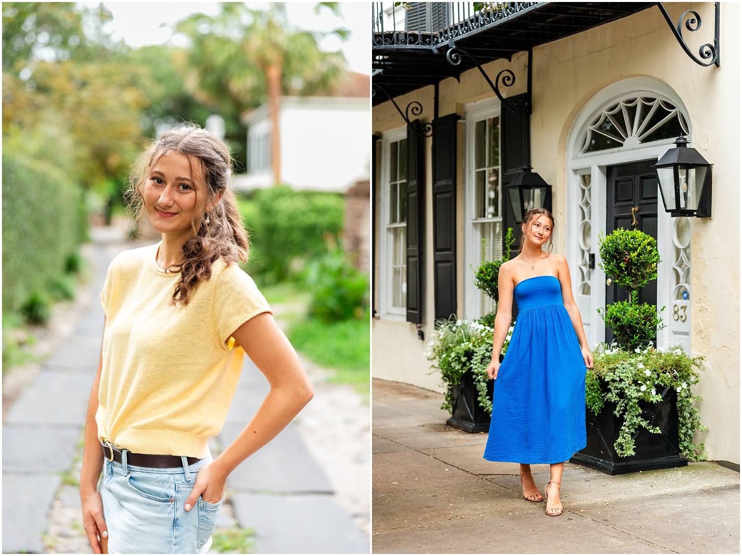 Young woman in yellow top and jeans poses outdoors, beside a woman in a blue midi dress near a charming building.