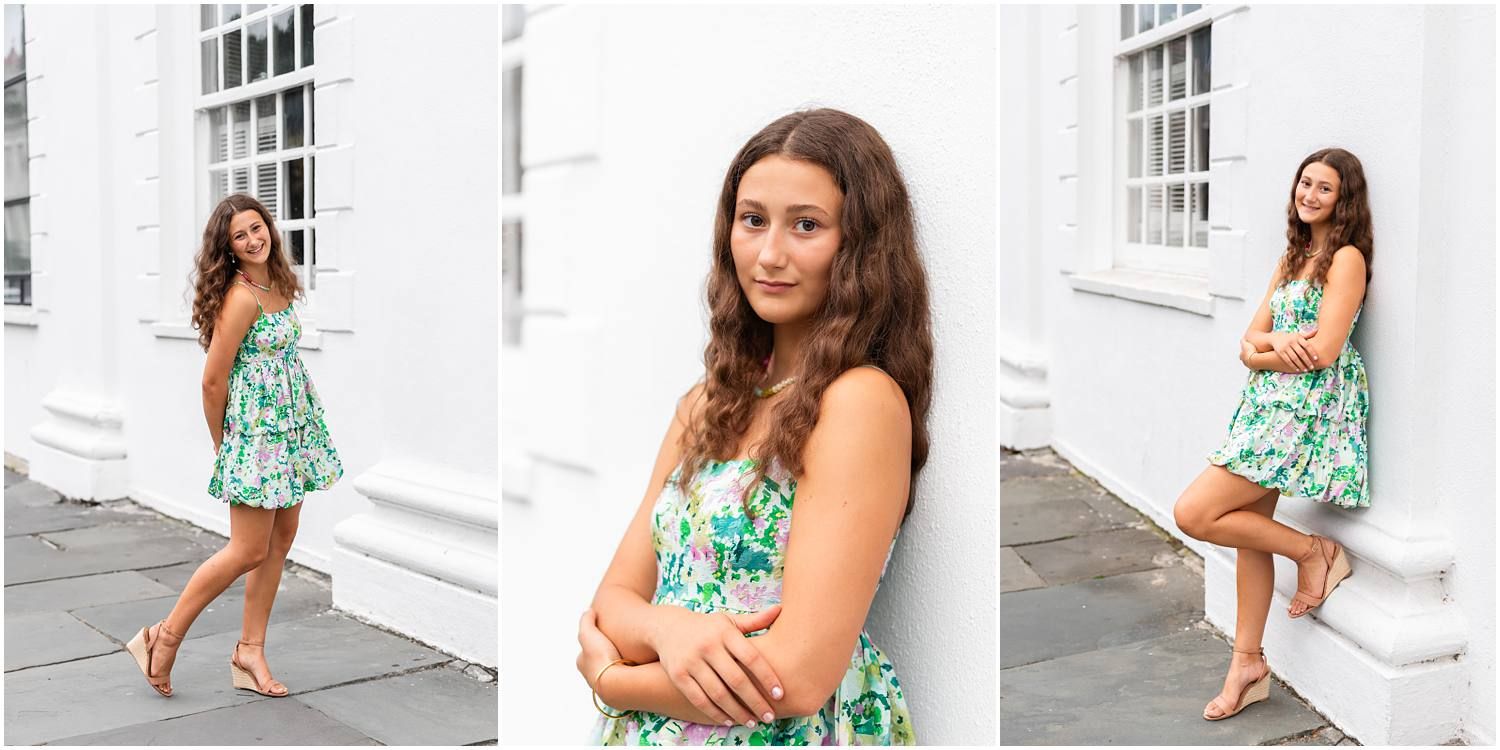 Young woman in green floral dress posing outdoors against white building wall in three portrait photos.