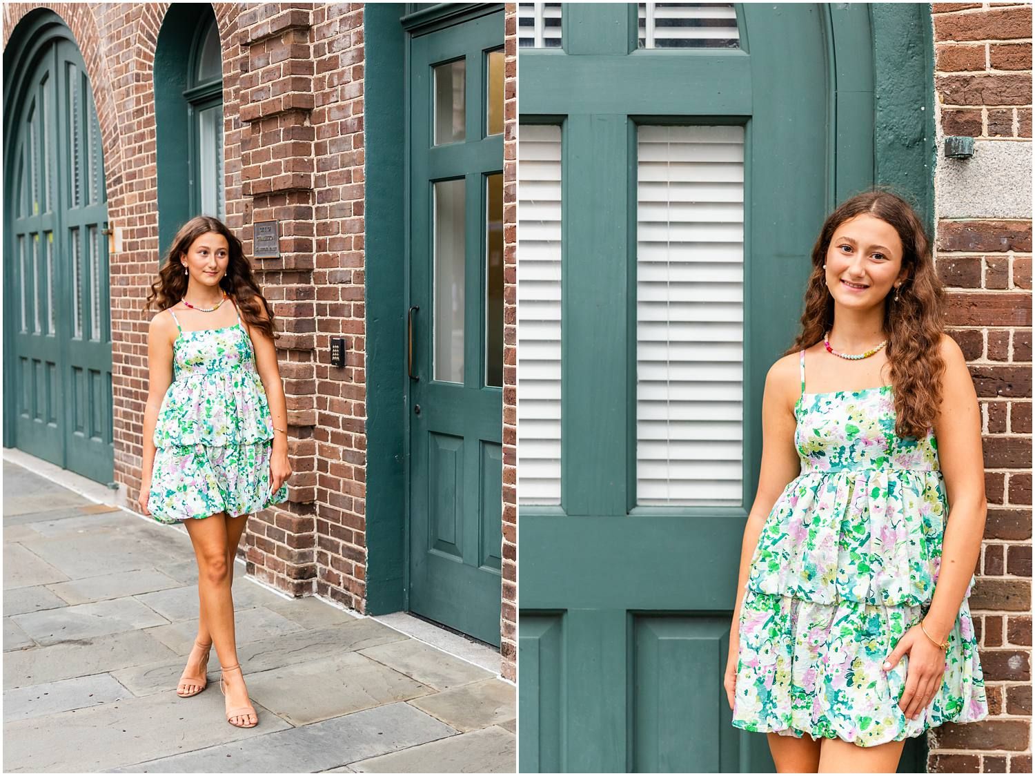 Young woman in floral dress posing by teal green door and brick wall in two senior portrait photos.