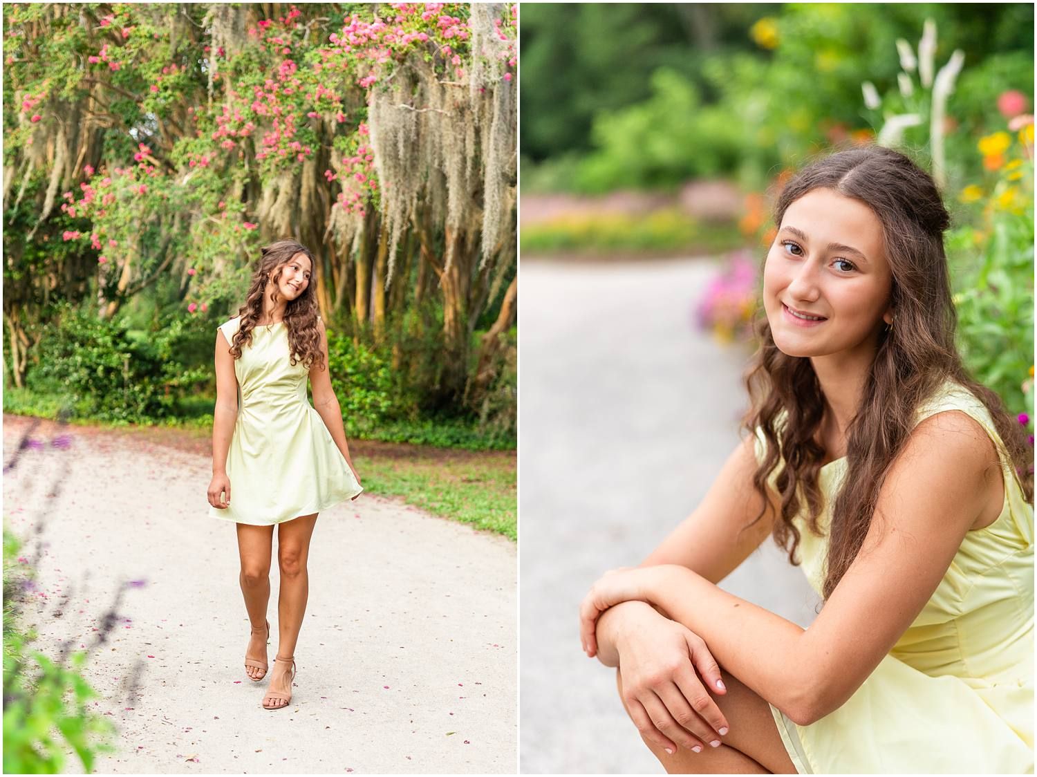 Young woman in yellow dress walking garden path with Spanish moss trees, and posing among colorful flowers.