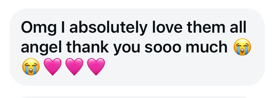 Positive customer feedback message expressing love for products with pink heart and crying emojis.