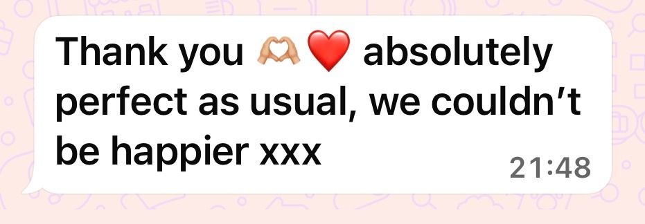 Customer review message praising a product as absolutely perfect with heart emojis and xxx sign-off.