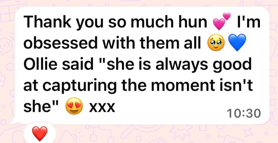 Screenshot of a heartfelt WhatsApp message praising photography skills, with a quote from Ollie and emoji reactions.