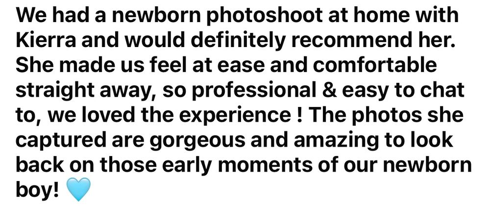 A glowing five-star review praising Kierra's newborn photography session, highlighting her professionalism and beautiful photos.