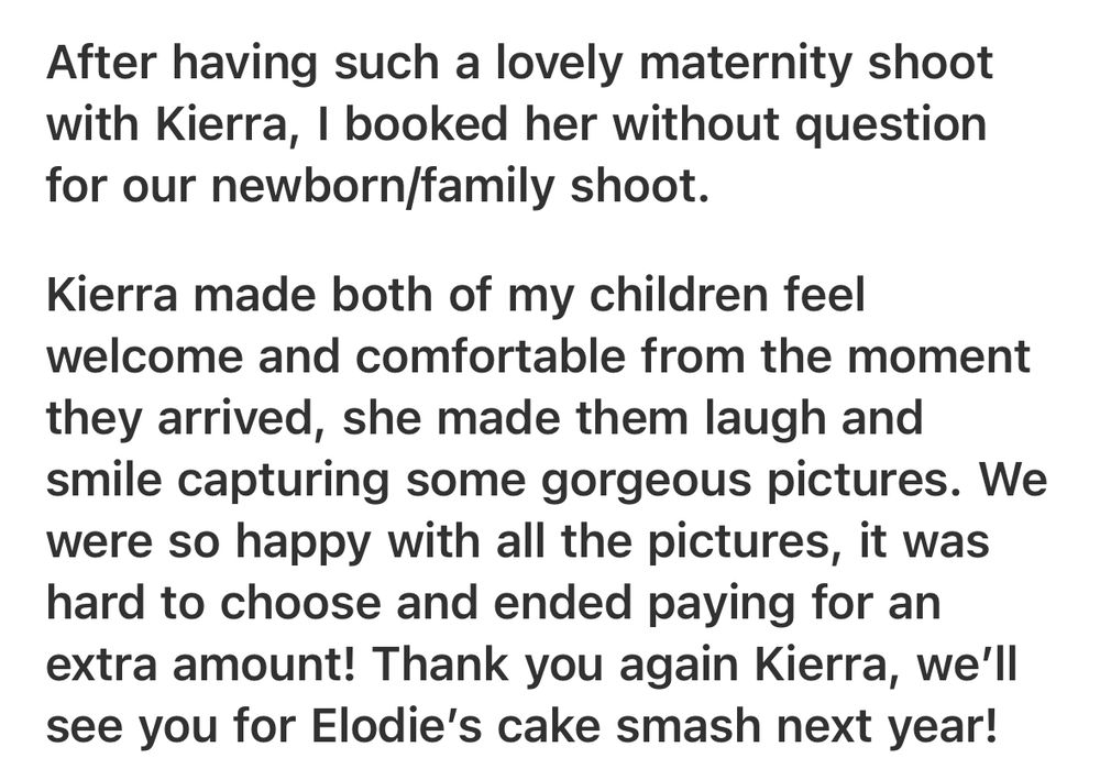 A glowing customer review praising photographer Kierra for a maternity, newborn, and family shoot, highlighting her skill with children.