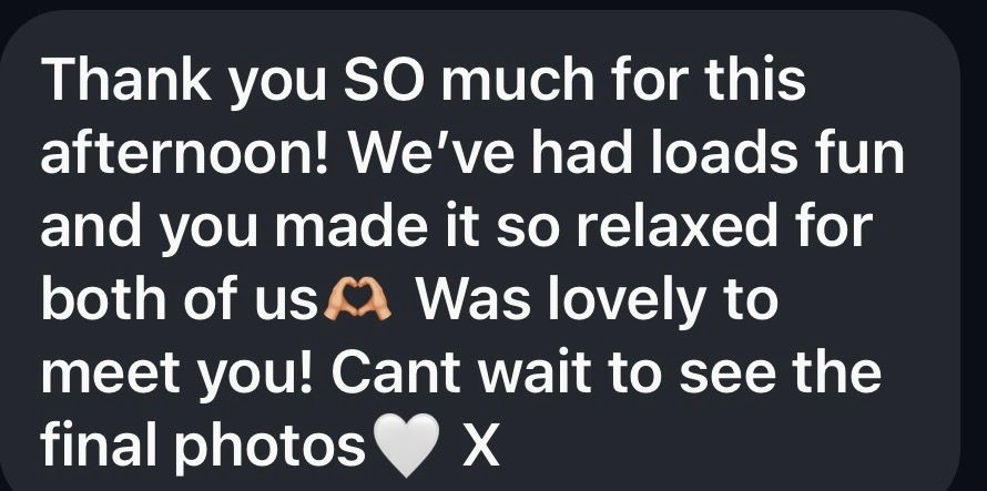 Grateful client review thanking photographer for a fun, relaxed afternoon session and expressing excitement for final photos.