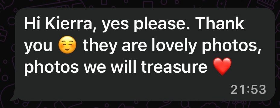 A WhatsApp message expressing gratitude for lovely photos that will be treasured, sent at 21:53 with a relaxed emoji and red heart.