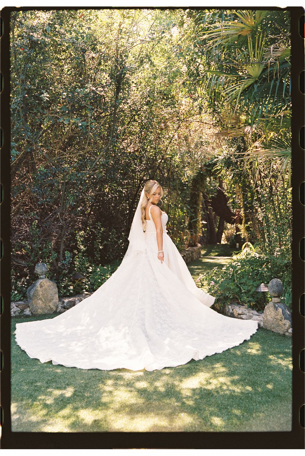 A bride in a stunning white lace gown with a long cathedral veil poses in a lush garden setting.