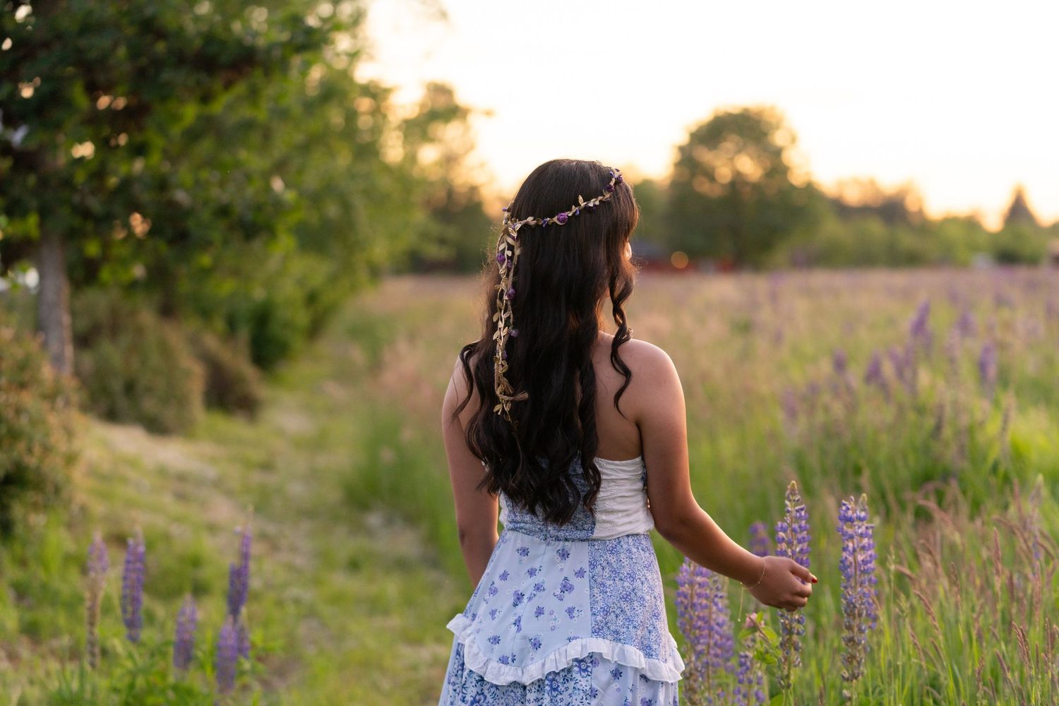 Young woman in floral dress with flower crown walks through blooming lupine field at golden sunset.