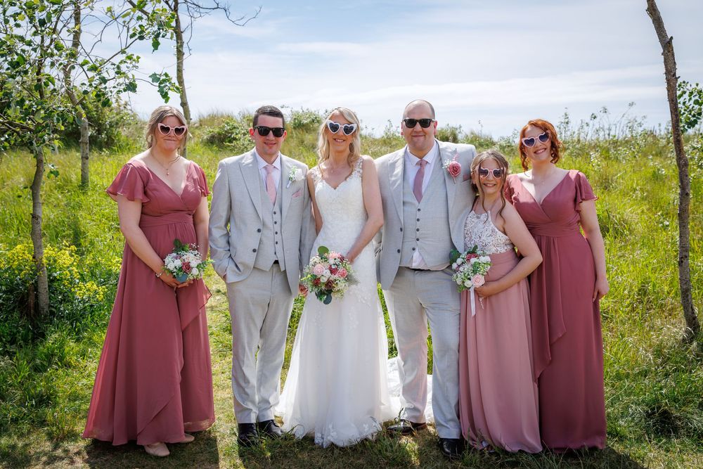 Wedding party posing outdoors, bride in white gown, groom and groomsman in gray suits, bridesmaids in dusty rose dresses.