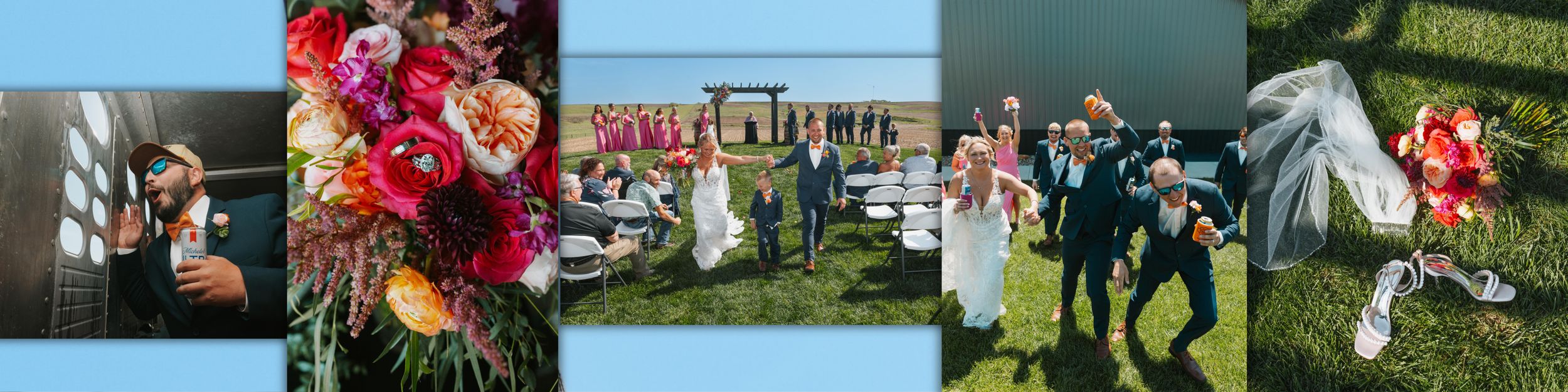 A vibrant wedding collage featuring floral bouquets, a beachside ceremony, joyful guests, and a flowing bridal veil.