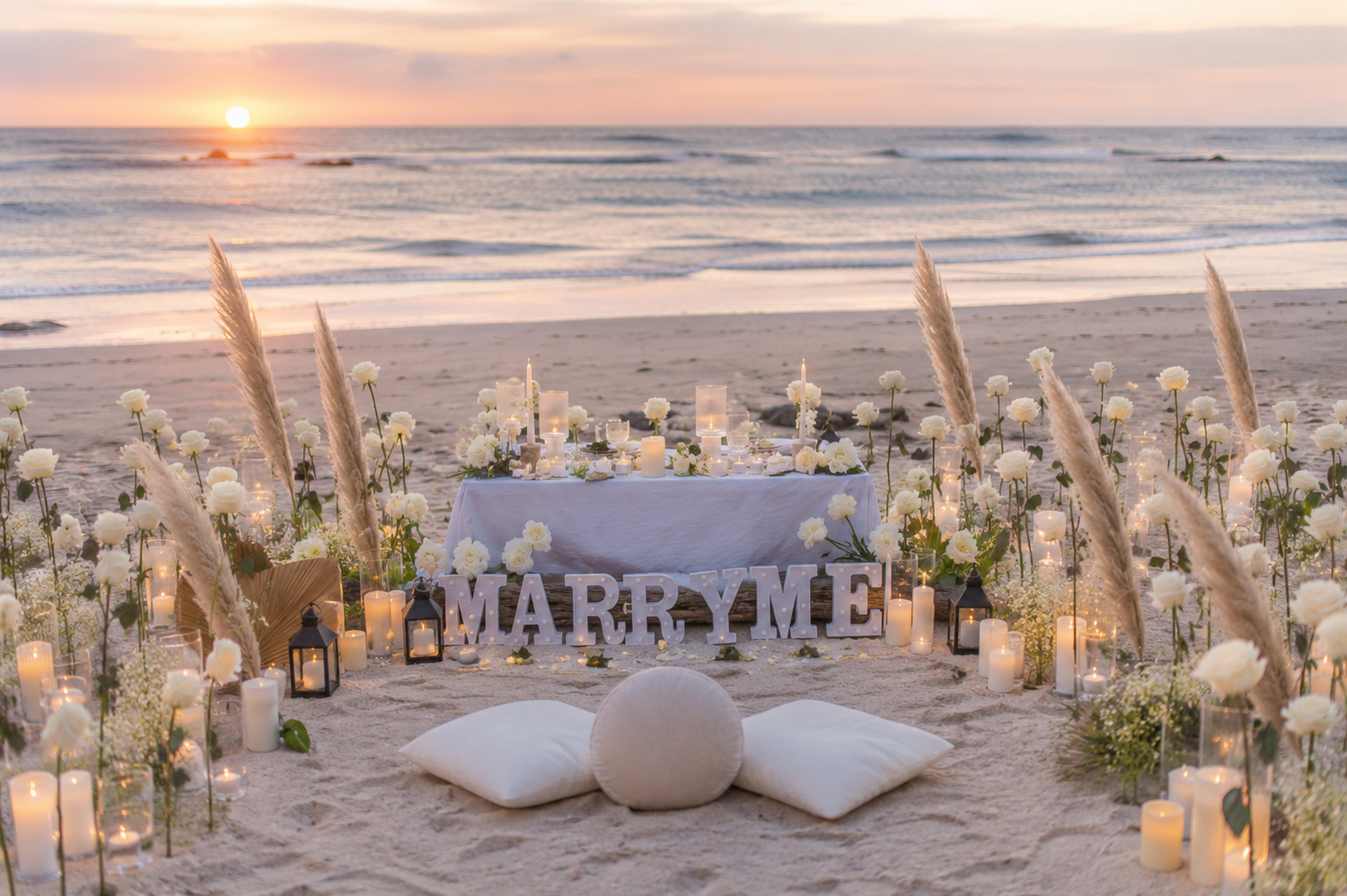Elegant beach wedding tablescape with red roses, teal vases, white candles, and shell accents on a white linen table.