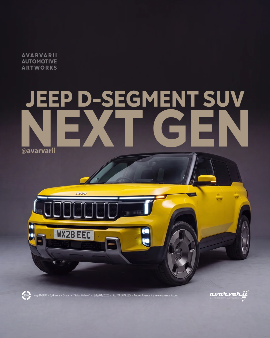 Skoda Peaq Next Gen concept render in lime green by Avarvarii Automotive Artworks, showcasing sleek modern SUV design.