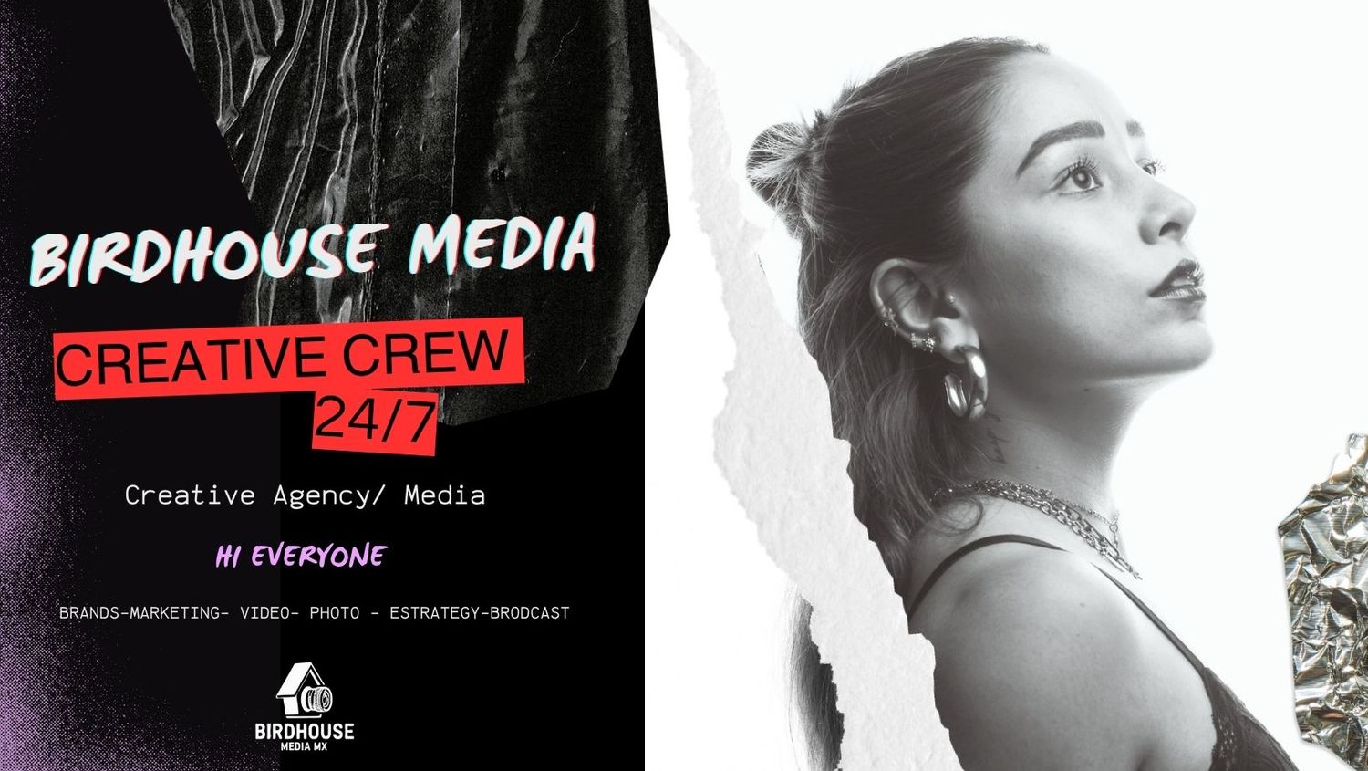 Birdhouse Media creative agency promotional banner featuring a woman in a red dress with artistic makeup holding a microphone.