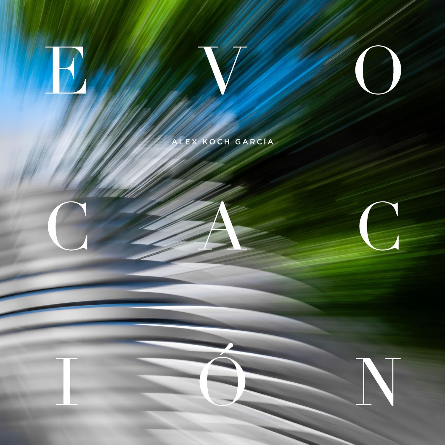 Dynamic motion blur book cover for Evocacion by Alex Koch Garcia featuring green and blue streaks.