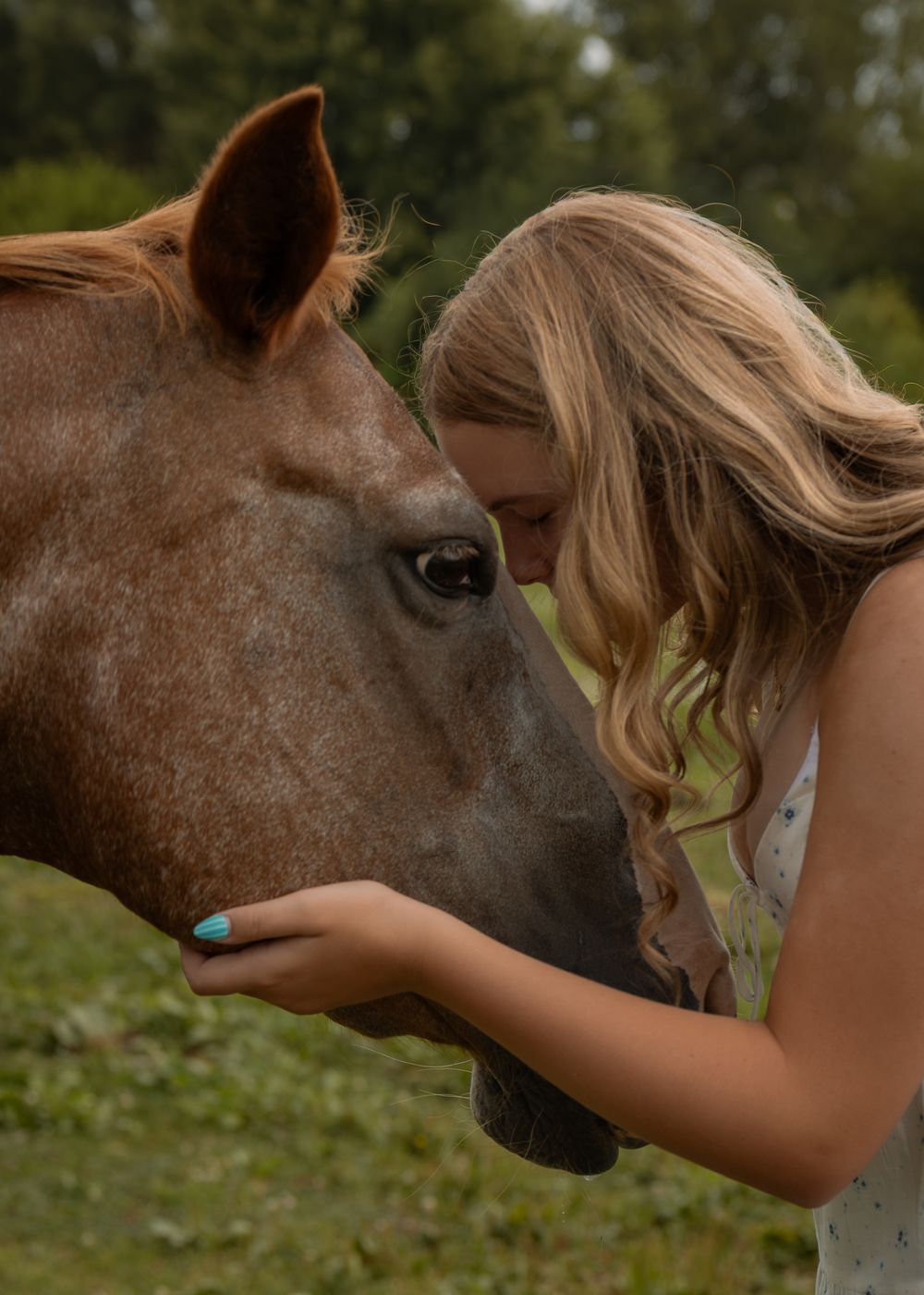 A young blonde girl tenderly touches foreheads with a brown horse outdoors, showcasing a beautiful bond between girl and horse.