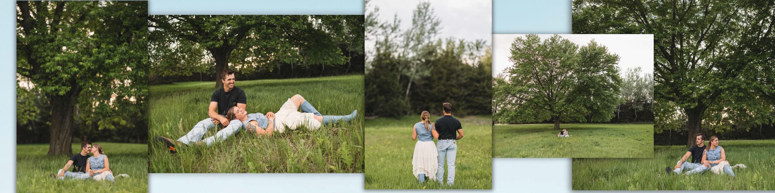 A couple relaxes together on lush green grass beneath a large tree during an outdoor portrait session.