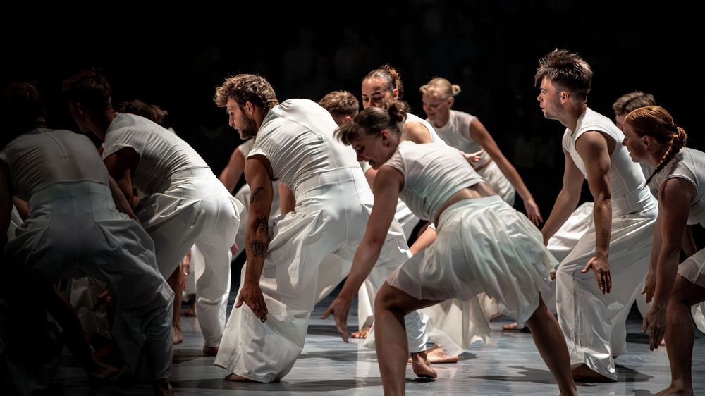 Group of contemporary dancers in white costumes performing a dramatic low movement on a dark stage.