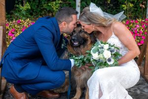 A couple in wedding attire kneeling with their dog among blooming flowers.