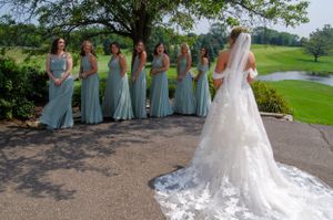 A wedding party in mint green bridesmaid dresses poses on a scenic overlook.