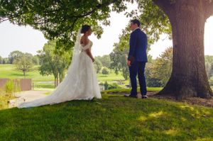 Couple shares a romantic moment under a large tree on their wedding day at a scenic outdoor venue.