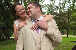 Two people share a tender embrace in outdoor settings in a series of joyful wedding-themed photos.
