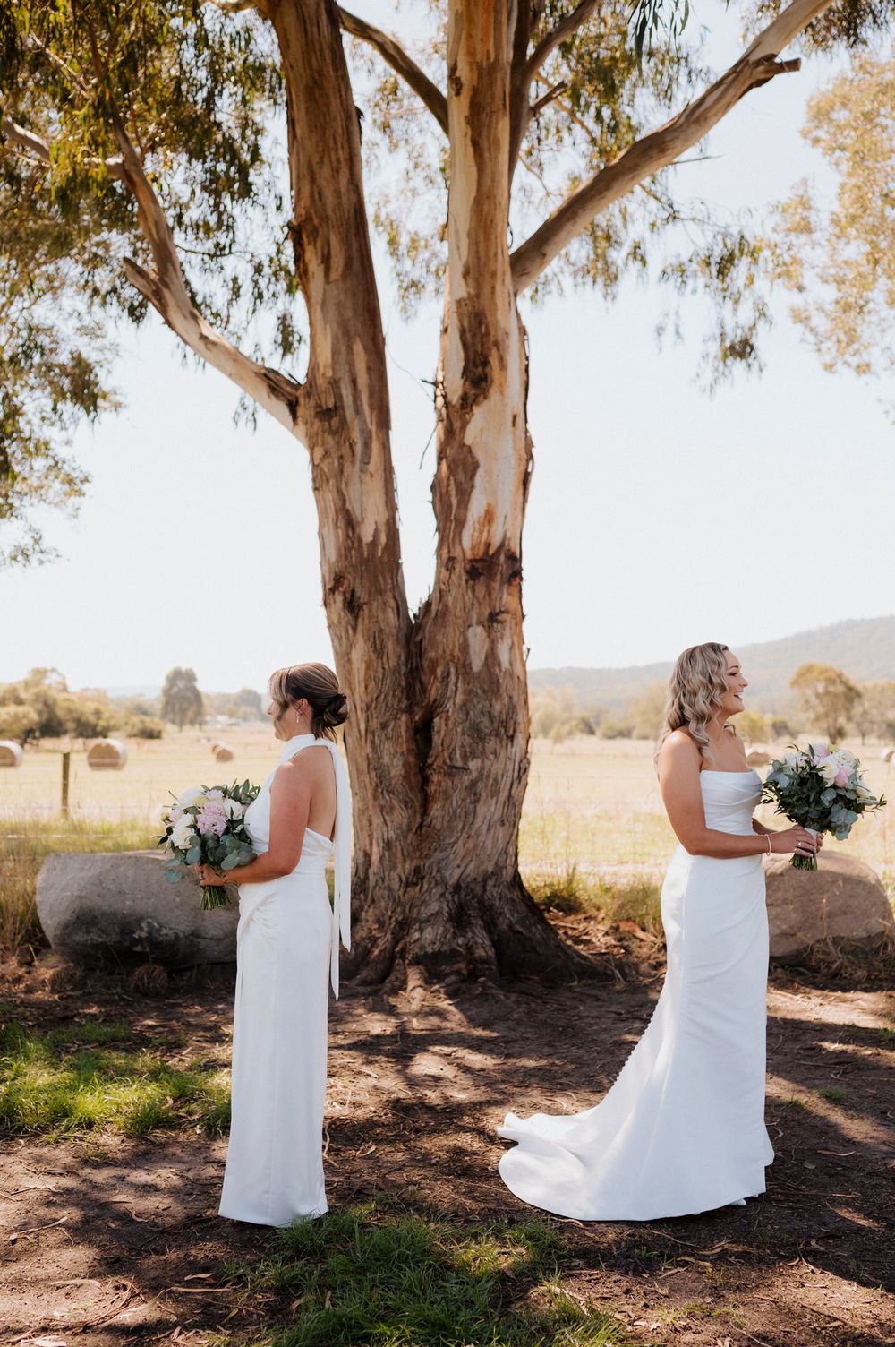 Two brides in white gowns holding bouquets stand beneath a large eucalyptus tree in a scenic rural landscape.